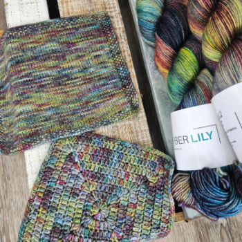Skeins of multi coloured hand dyed yarn next to their knit and crochet swatches