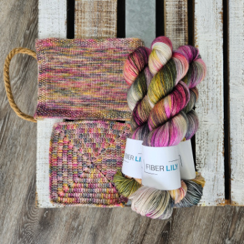 Three skeins of hand dyed yarn next to their knit and crochet swatches