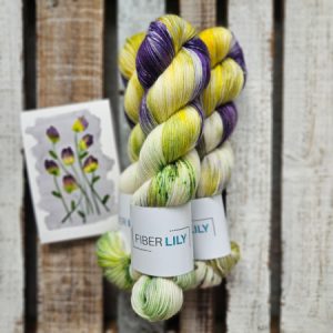 Skeins of green, yellow, purple and cream hand dyed sock yarn representing an original watercolour painting on a wooden background