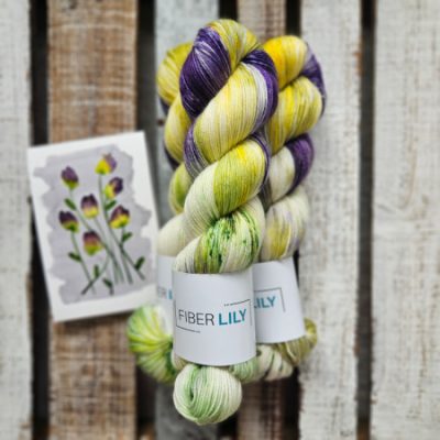Skeins of green, yellow, purple and cream hand dyed sock yarn representing an original watercolour painting on a wooden background